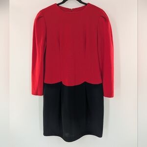 VTG David Warren Midi Dress Colorblock Red Black Puff Sleeve 14 Retro 80s Bold